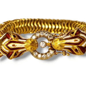 Bracelet - 18 kt. Yellow gold, 18K Gold Giraffe Headed Bracelet with Diamonds, Red and White Enamel 78 Grams - 0.26ct. tw. Diamond (Natural)