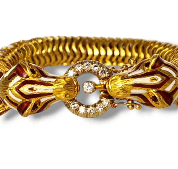 Bracelet - 18 kt. Yellow gold, 18K Gold Giraffe Headed Bracelet with Diamonds, Red and White Enamel 78 Grams - 0.26ct. tw. Diamond (Natural)