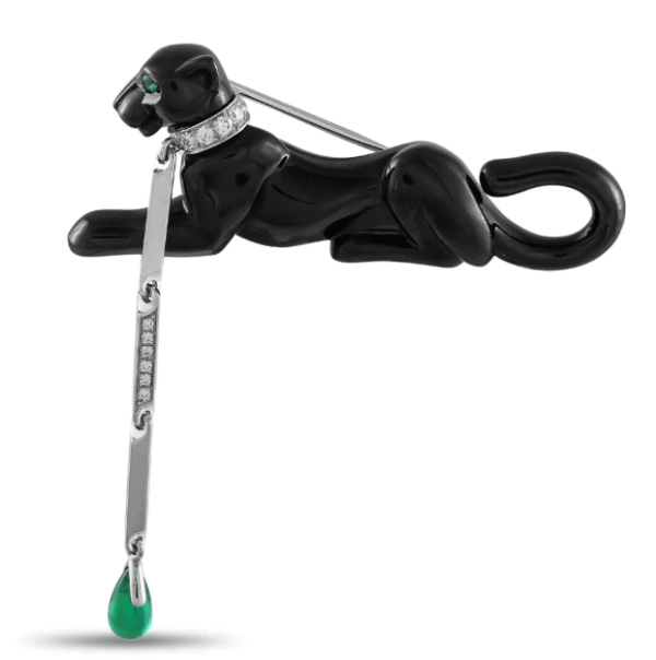 Cartier - Brooch - 18 kt. White gold, Panthere 18K White Gold Diamond, Emerald, and Hematite Pin / Brooch  76