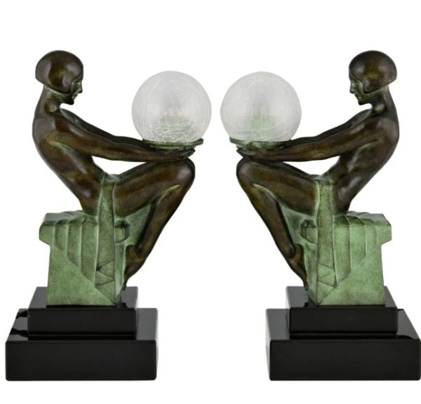 Max Le Verrier - Lamp - A pair of lamps Delassement - metal, glass, and marble - Sitting women